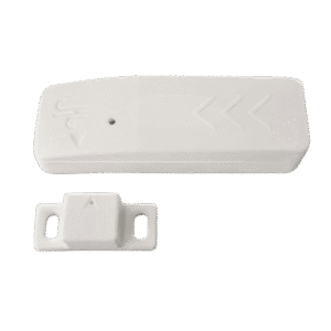 Capteur d'ouverture sans fil Climtronic blanc avec son aimant de détection, vue de trois quarts sur fond blanc