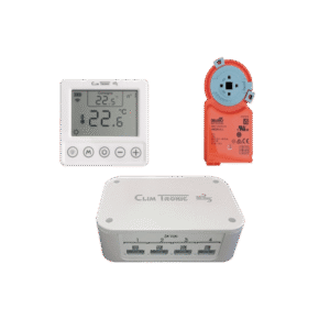 Pack Climtronic 1 zone composé d'un récepteur 4 voies, d'un thermostat connecté sans fil et d'un servomoteur Belimo pour la régulation d'une pièce