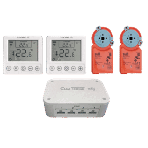 Pack Climtronic 2 zones avec récepteur 4 voies, deux thermostats connectés sans fil et deux servomoteurs Belimo pour réguler deux pièces indépendamment