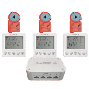 Pack Climtronic 3 zones avec récepteur 4 voies, trois thermostats connectés sans fil et trois servomoteurs Belimo pour réguler trois pièces indépendamment