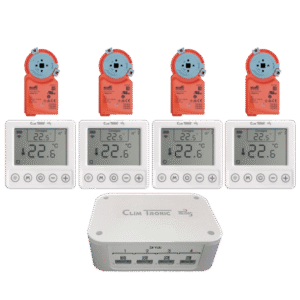 Pack Climtronic 4 zones avec récepteur 4 voies, quatre thermostats connectés sans fil et quatre servomoteurs Belimo pour une régulation complète de la maison